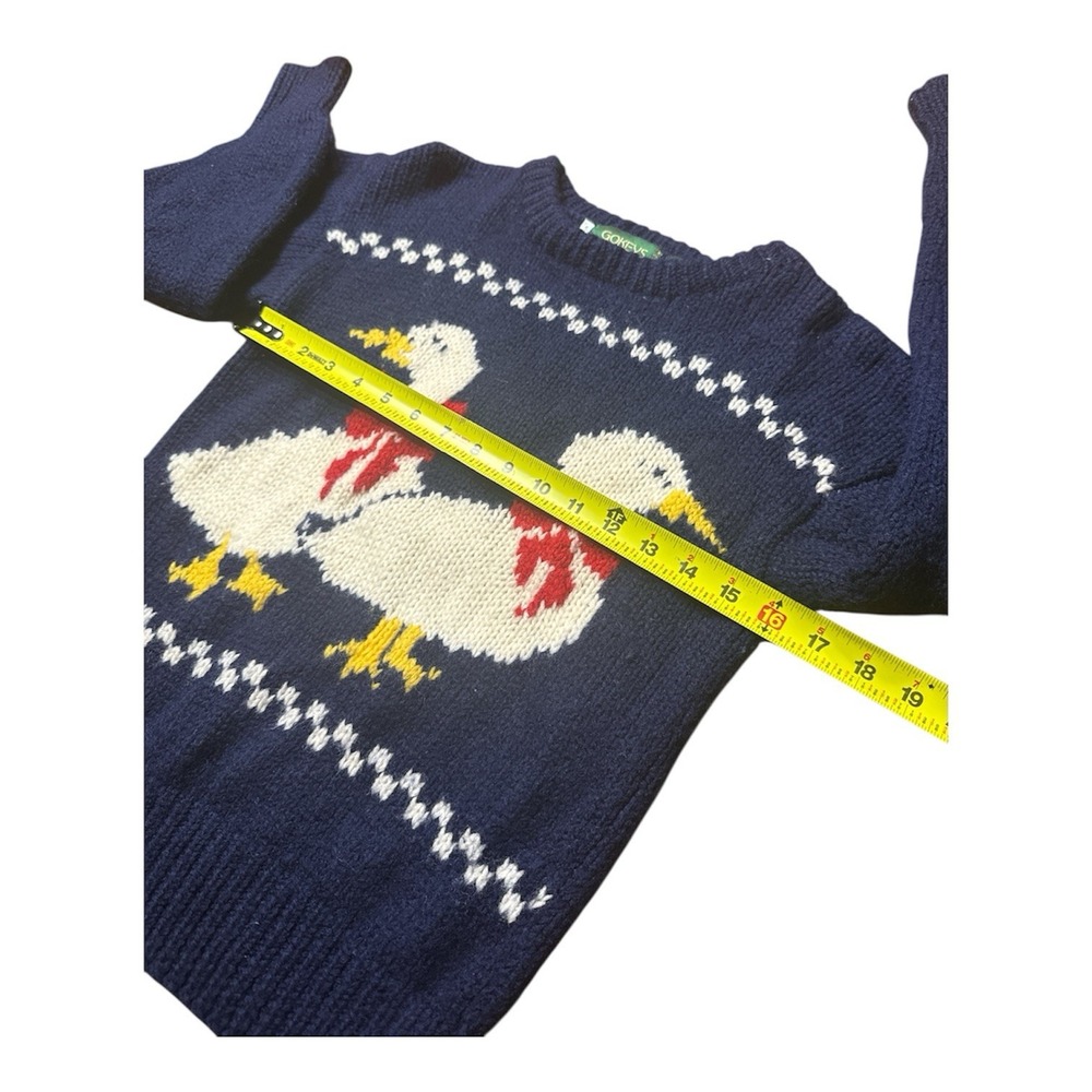 Vintage GOKEYS Duck Navy 100% Wool Handknitted Women's Size Small Holiday Bow's - Picture 5 of 6